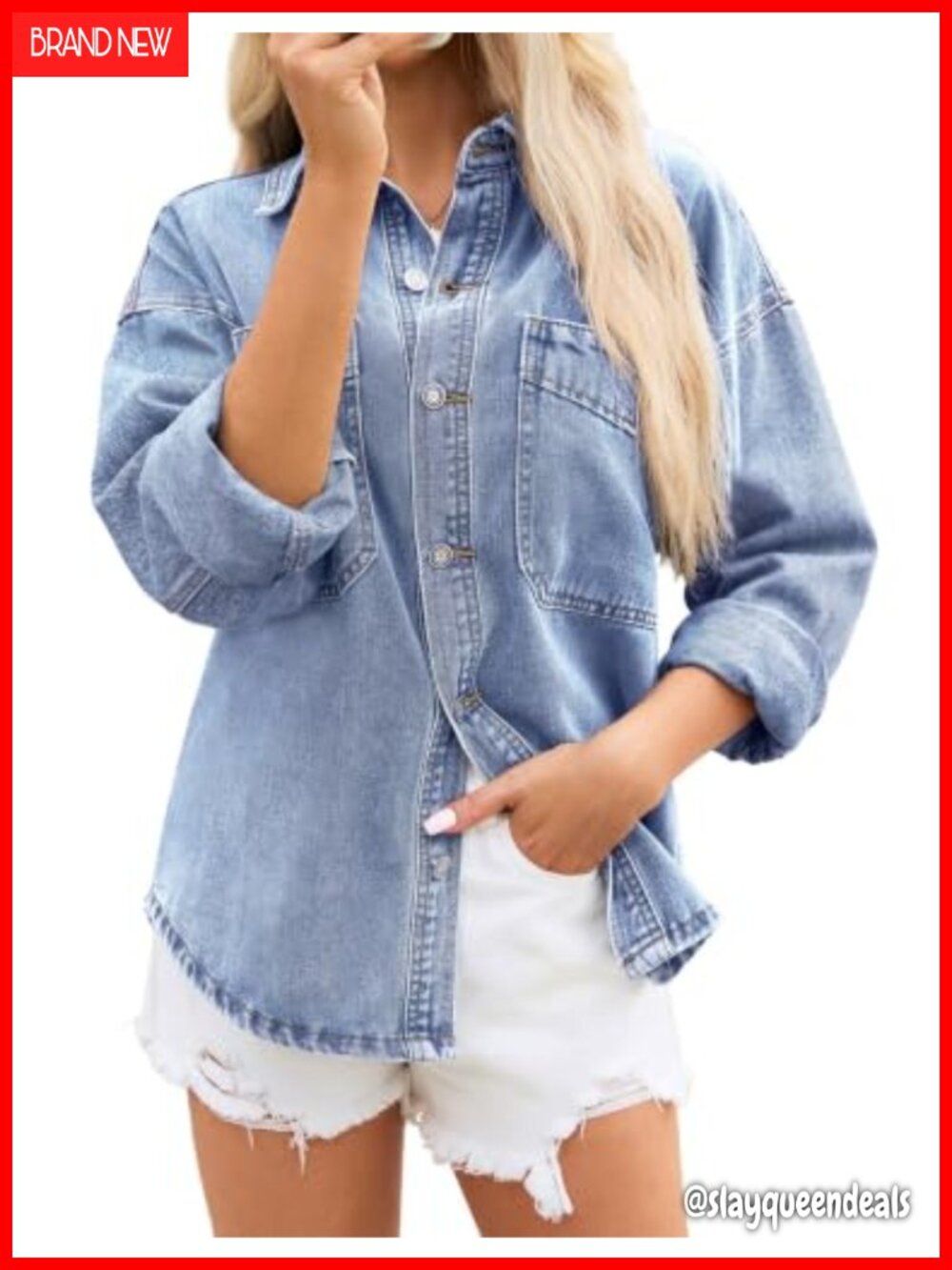 Oversized Button Down Denim Shirt Jacket Western Style Cotton Blend
